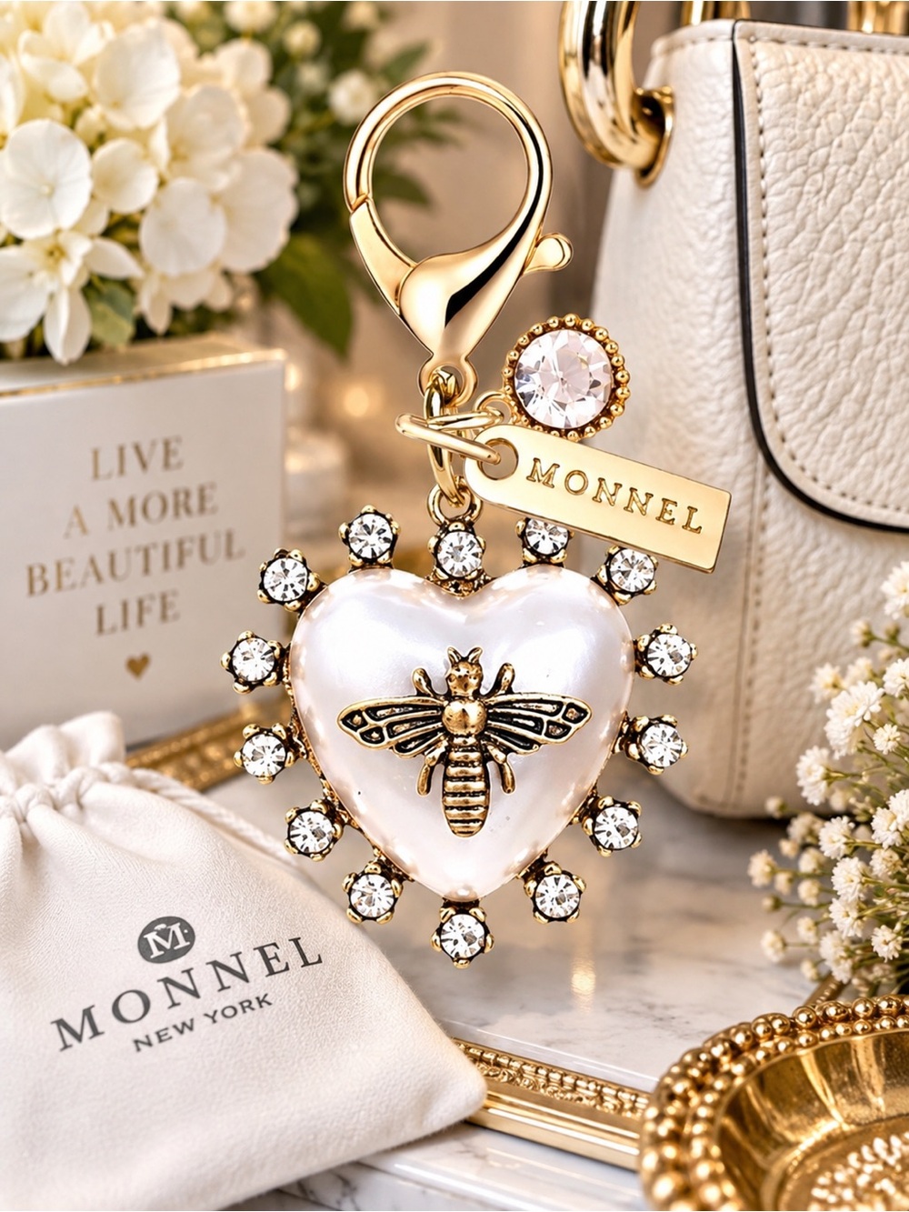 Gold & White Enamel Heart Bag Charm & Keychain  Bee Design by‎ Monnel
